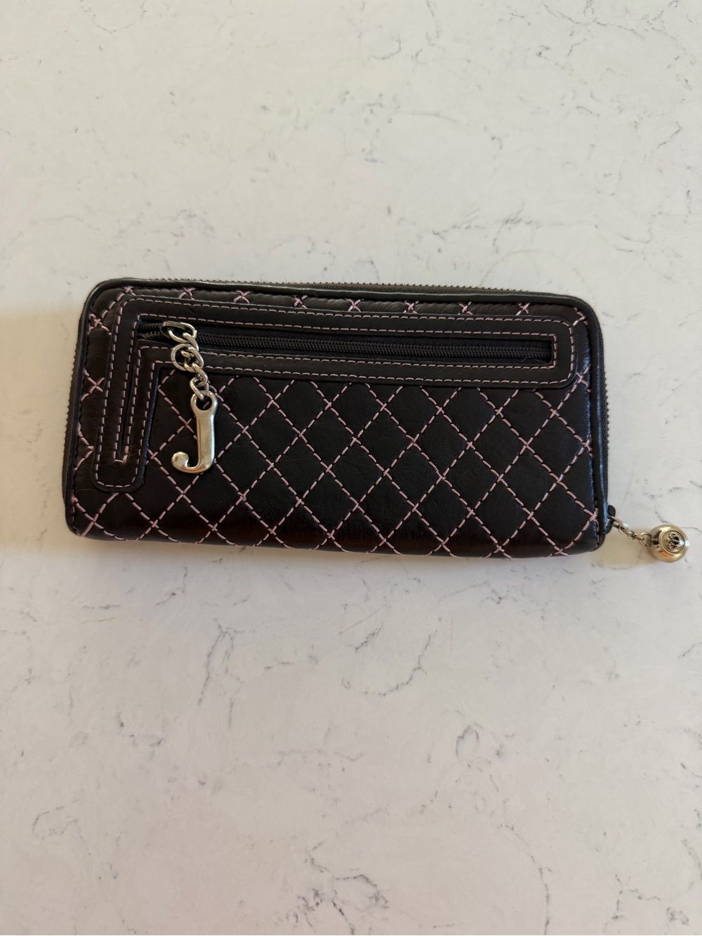 Juicy Couture Brown Quilted Zip-Around Wallet with Pink Stitching - Picture 2 of 3